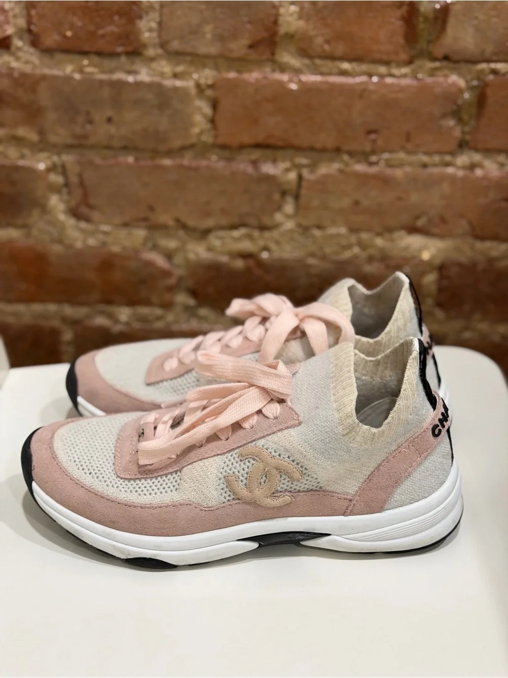 Chanel CC Size 39 Two Tone Knit Fabric and Suede Lace Up Sneakers
